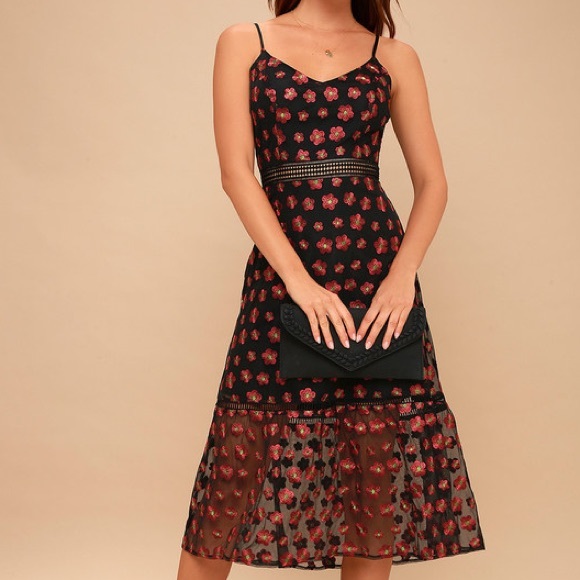 Lulus Dresses & Skirts - Magic Hour Black Floral Embroidered Midi Dress